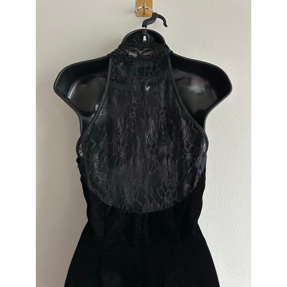 Vintage 80s Scott McClintock Black Velvet Lace Halter Holiday Dress | Size 10 - Picture 6 of 10